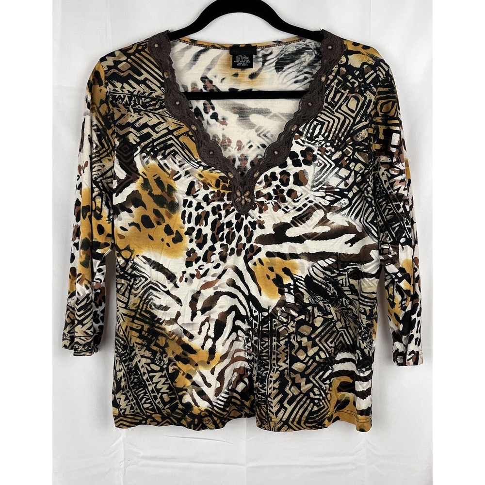 Y2K Dolcetti‎ Abstract Animal Print Silk Blend 3/4 Sleeve Blouse Top Size XL EUC